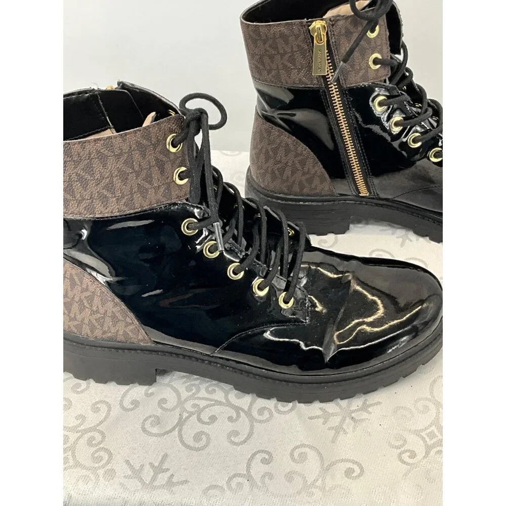 Michael Kors Alistar Monogram Black Patent Combat Boots Women's 9.5M PU Upper Go